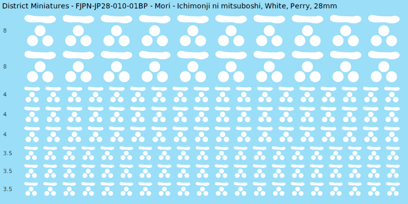 Mori clan mon, White waterslide decal sheet, Perry banner sizes, 28mm