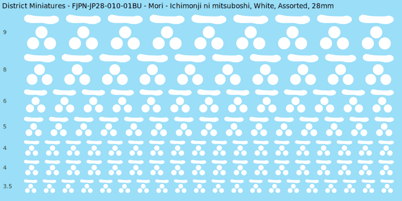 Mori clan mon, White waterslide decal sheet, Assorted banner sizes, 28mm