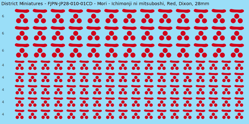 Mori clan mon, Red waterslide decal sheet, Dixon banner sizes, 28mm