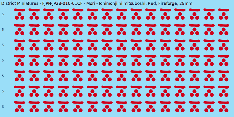 Mori clan mon, Red waterslide decal sheet, Fireforge banner sizes, 28mm