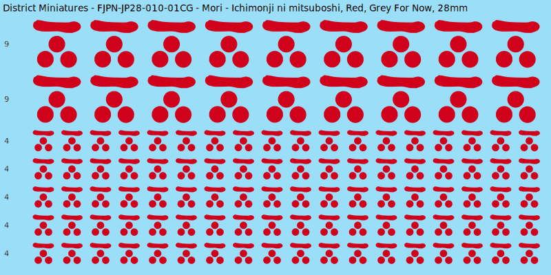 Mori clan mon, Red waterslide decal sheet, Grey For Now banner sizes, 28mm