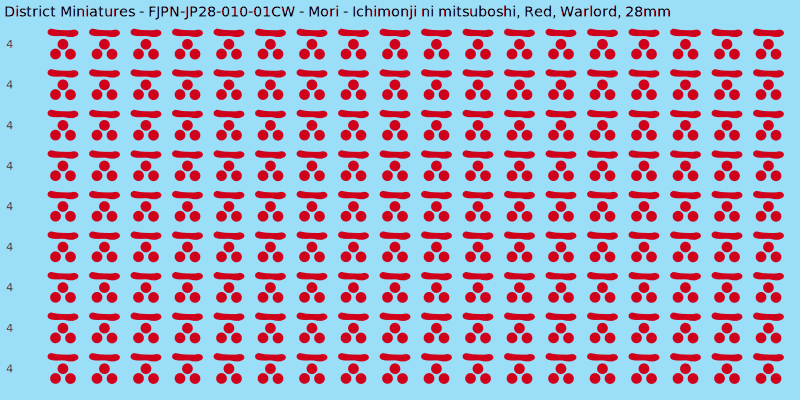 Mori clan mon, Red waterslide decal sheet, Warlord banner sizes, 28mm