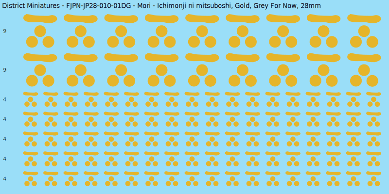Mori clan mon, Yellow/Gold waterslide decal sheet, Grey For Now banner sizes, 28mm