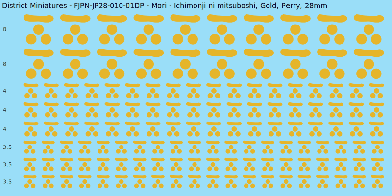 Mori clan mon, Yellow/Gold waterslide decal sheet, Perry banner sizes, 28mm