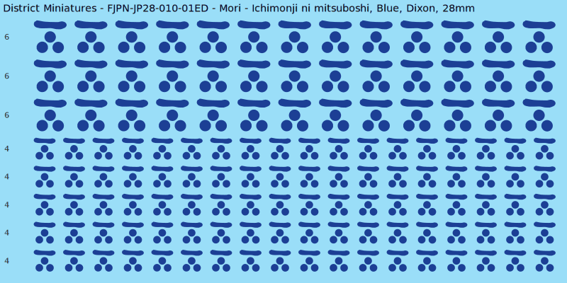 Mori clan mon, Blue waterslide decal sheet, Dixon banner sizes, 28mm
