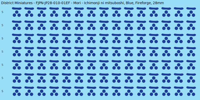 Mori clan mon, Blue waterslide decal sheet, Fireforge banner sizes, 28mm