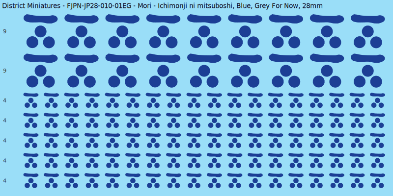 Mori clan mon, Blue waterslide decal sheet, Grey For Now banner sizes, 28mm