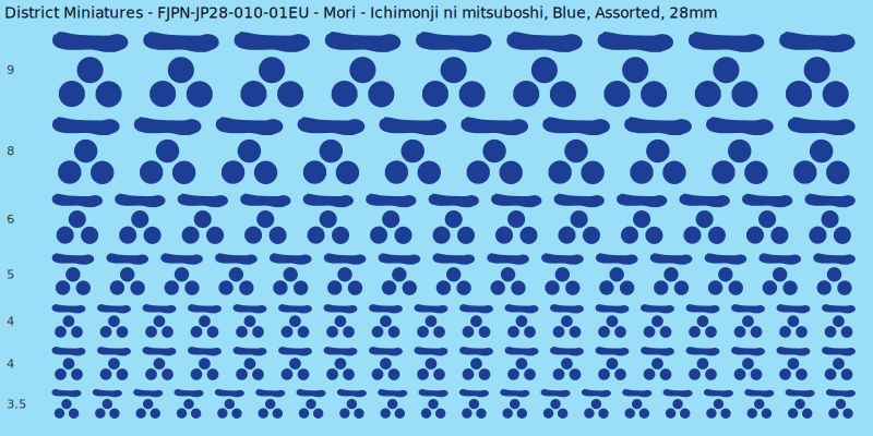 Mori clan mon, Ichimonji ni mitsuboshi, Blue waterslide decal sheet, 28mm