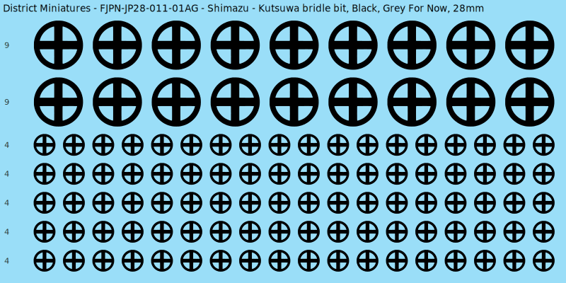 Shimazu clan mon, Black waterslide decal sheet, Grey For Now banner sizes, 28mm