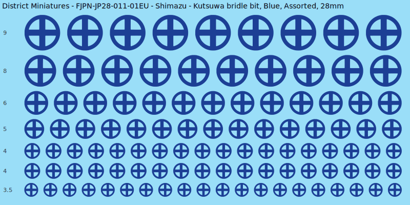 Shimazu clan mon, Kutsuwa bridle bit, Blue waterslide decal sheet, 28mm