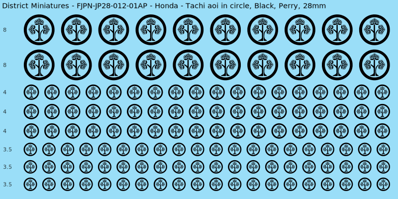Honda clan mon, Black waterslide decal sheet, Perry banner sizes, 28mm