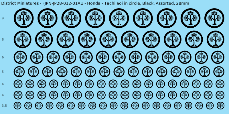 Honda clan mon, Tachi aoi in circle, Black waterslide decal sheet, 28mm
