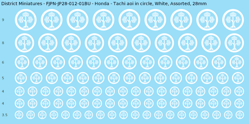 Honda clan mon, Tachi aoi in circle, White waterslide decal sheet, 28mm