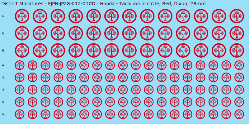 Honda clan mon, Red waterslide decal sheet, Dixon banner sizes, 28mm