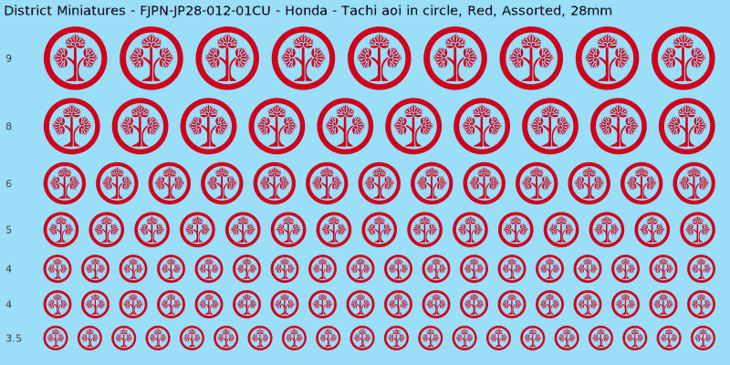 Honda clan mon, Red waterslide decal sheet, Assorted banner sizes, 28mm