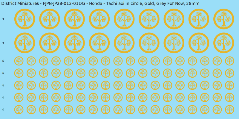 Honda clan mon, Yellow/Gold waterslide decal sheet, Grey For Now banner sizes, 28mm