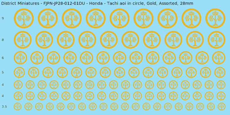 Honda clan mon, Tachi aoi in circle, Gold waterslide decal sheet, 28mm