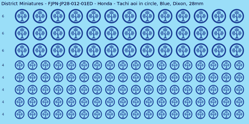 Honda clan mon, Blue waterslide decal sheet, Dixon banner sizes, 28mm