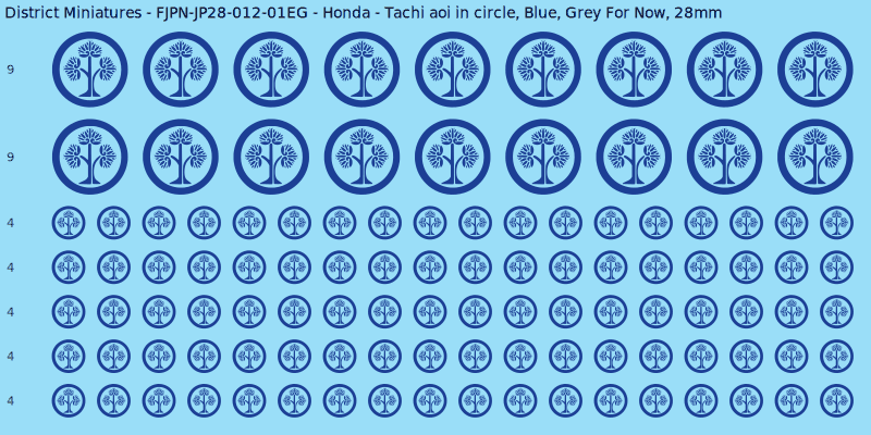 Honda clan mon, Blue waterslide decal sheet, Grey For Now banner sizes, 28mm