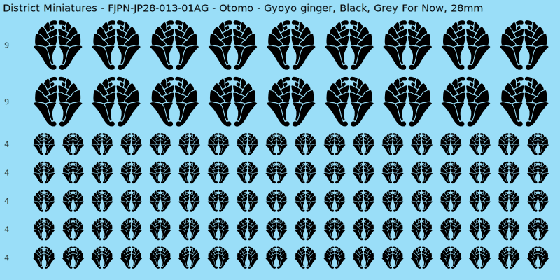 Otomo clan mon, Black waterslide decal sheet, Grey For Now banner sizes, 28mm