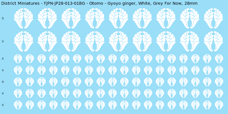 Otomo clan mon, White waterslide decal sheet, Grey For Now banner sizes, 28mm
