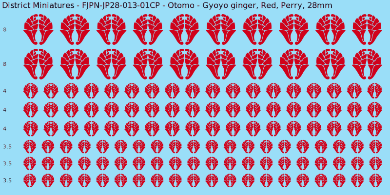 Otomo clan mon, Red waterslide decal sheet, Perry banner sizes, 28mm