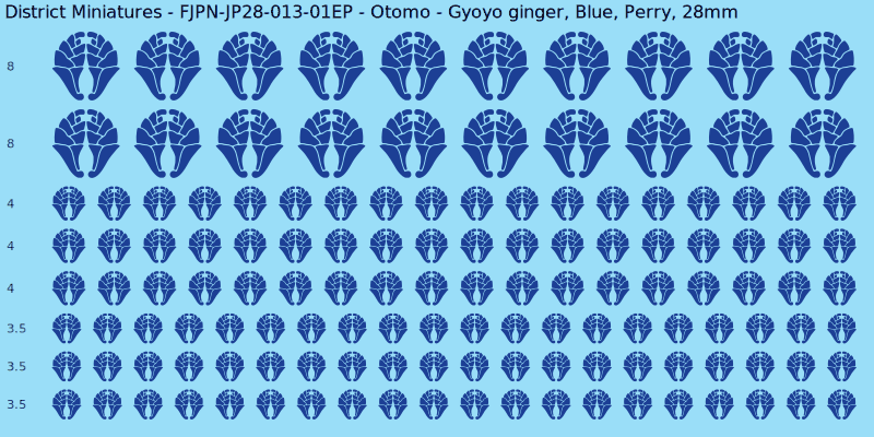 Otomo clan mon, Blue waterslide decal sheet, Perry banner sizes, 28mm