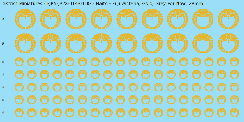 Naito clan mon, Yellow/Gold waterslide decal sheet, Grey For Now banner sizes, 28mm