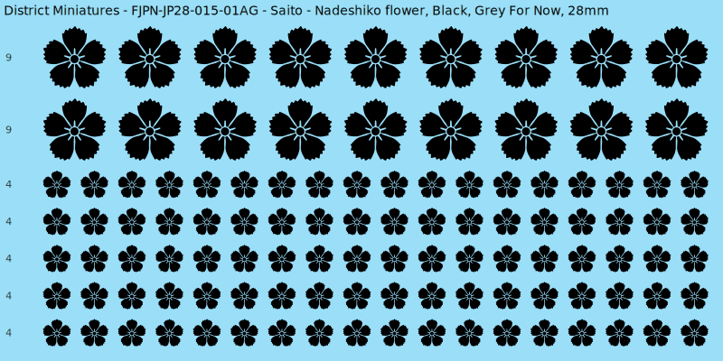 Saito clan mon, Black waterslide decal sheet, Grey For Now banner sizes, 28mm
