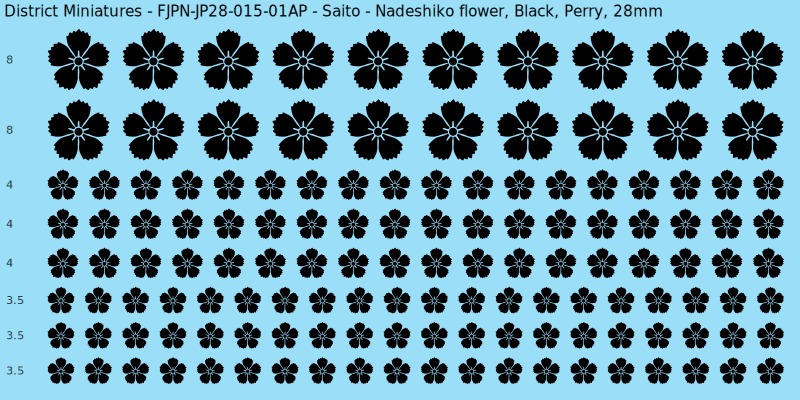Saito clan mon, Black waterslide decal sheet, Perry banner sizes, 28mm