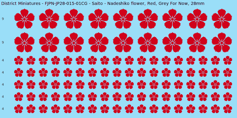 Saito clan mon, Red waterslide decal sheet, Grey For Now banner sizes, 28mm