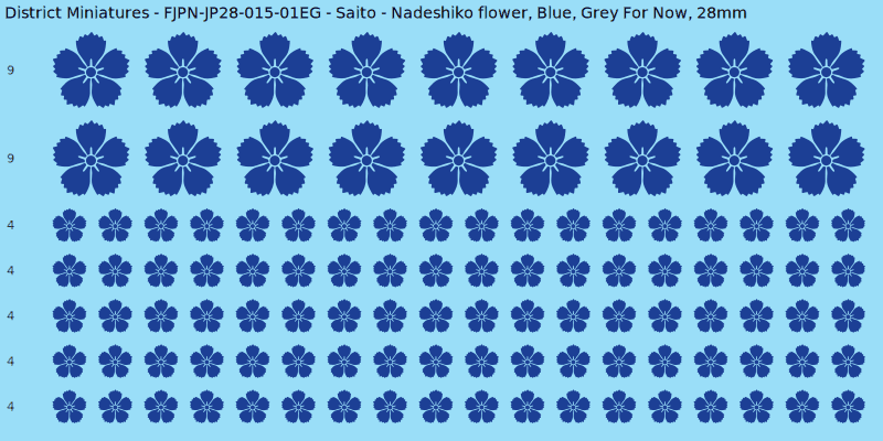 Saito clan mon, Blue waterslide decal sheet, Grey For Now banner sizes, 28mm