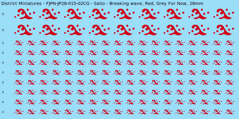 Saito clan mon, Red waterslide decal sheet, Grey For Now banner sizes, 28mm