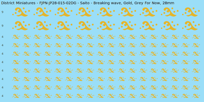 Saito clan mon, Yellow/Gold waterslide decal sheet, Grey For Now banner sizes, 28mm