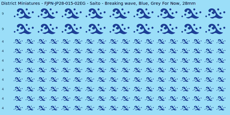 Saito clan mon, Blue waterslide decal sheet, Grey For Now banner sizes, 28mm