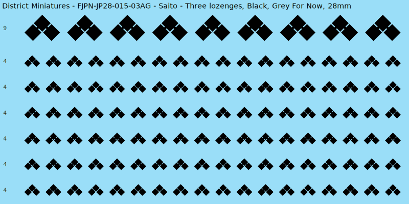 Saito clan mon, Black waterslide decal sheet, Grey For Now banner sizes, 28mm