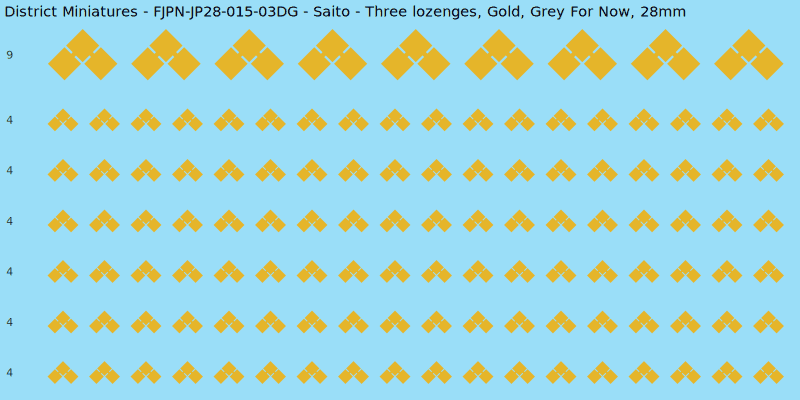Saito clan mon, Yellow/Gold waterslide decal sheet, Grey For Now banner sizes, 28mm