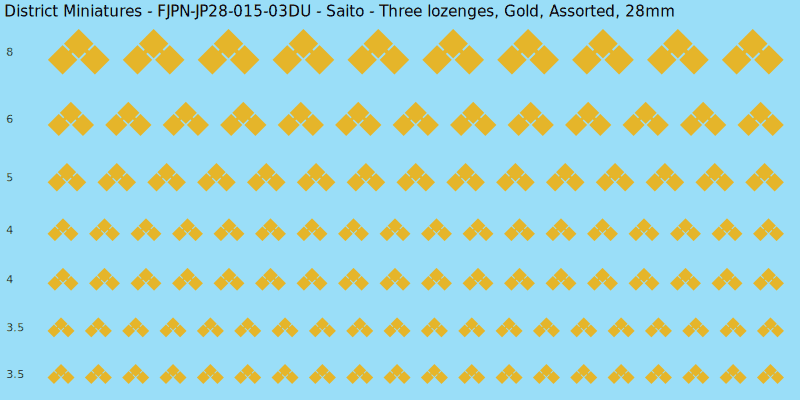 Saito clan mon, Yellow/Gold waterslide decal sheet, Assorted banner sizes, 28mm