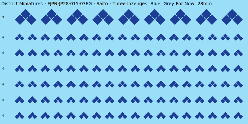 Saito clan mon, Blue waterslide decal sheet, Grey For Now banner sizes, 28mm