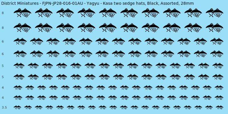 Yagyu clan mon, Kasa two sedge hats, Black waterslide decal sheet, 28mm
