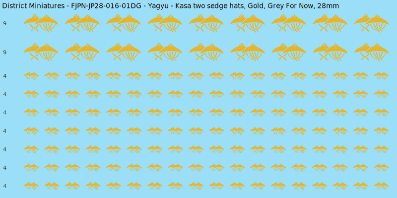 Yagyu clan mon, Yellow/Gold waterslide decal sheet, Grey For Now banner sizes, 28mm