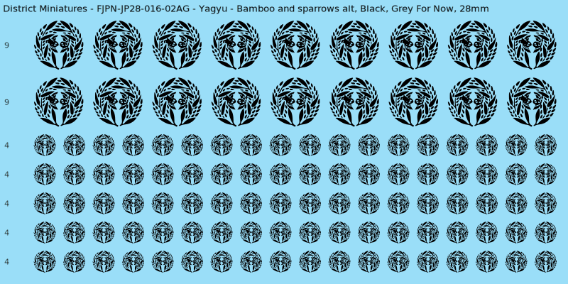 Yagyu clan mon, Black waterslide decal sheet, Grey For Now banner sizes, 28mm