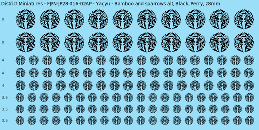 Yagyu clan mon, Black waterslide decal sheet, Perry banner sizes, 28mm