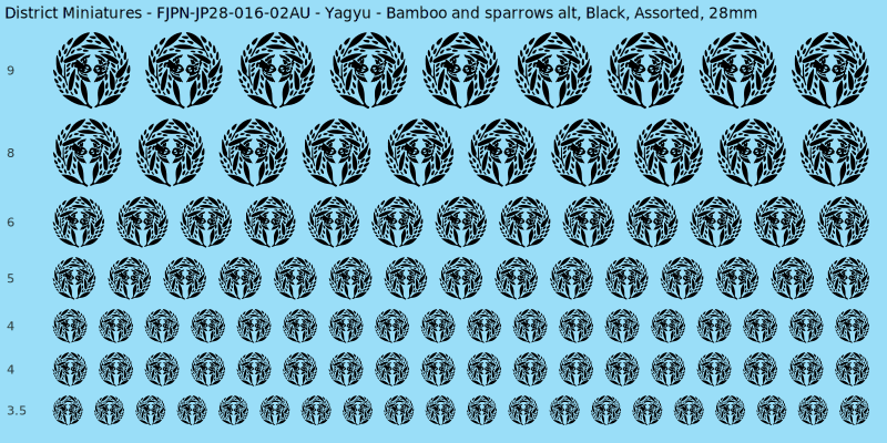 Yagyu clan mon, Bamboo and sparrows alt, Black waterslide decal sheet, 28mm