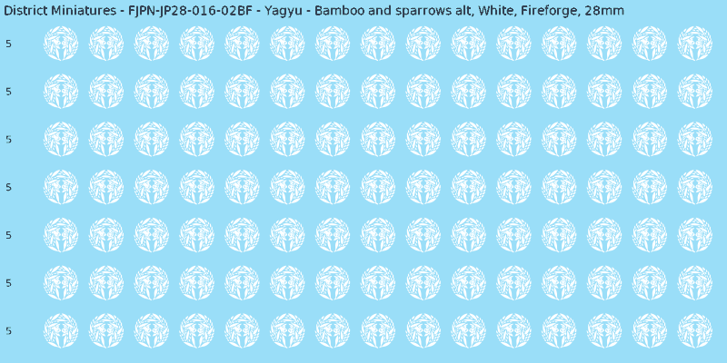 Yagyu clan mon, White waterslide decal sheet, Fireforge banner sizes, 28mm