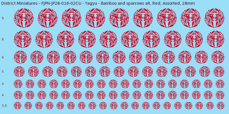 Yagyu clan mon, Bamboo and sparrows alt, Red waterslide decal sheet, 28mm