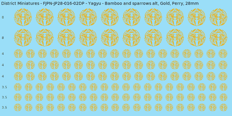 Yagyu clan mon, Yellow/Gold waterslide decal sheet, Perry banner sizes, 28mm