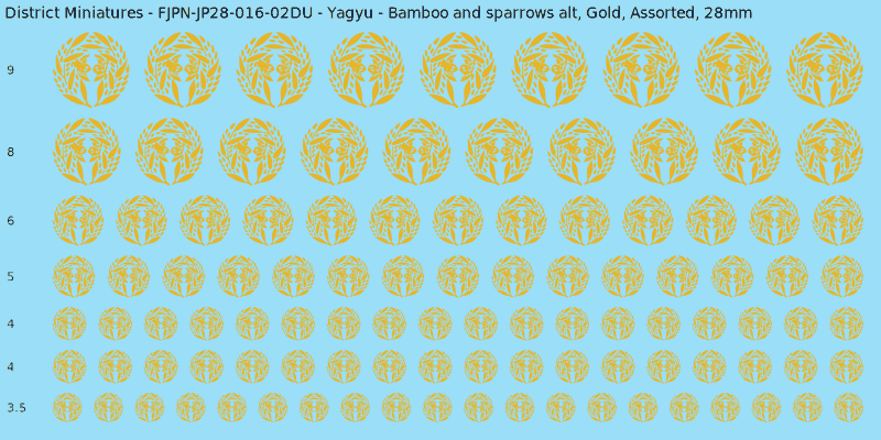Yagyu clan mon, Yellow/Gold waterslide decal sheet, Assorted banner sizes, 28mm