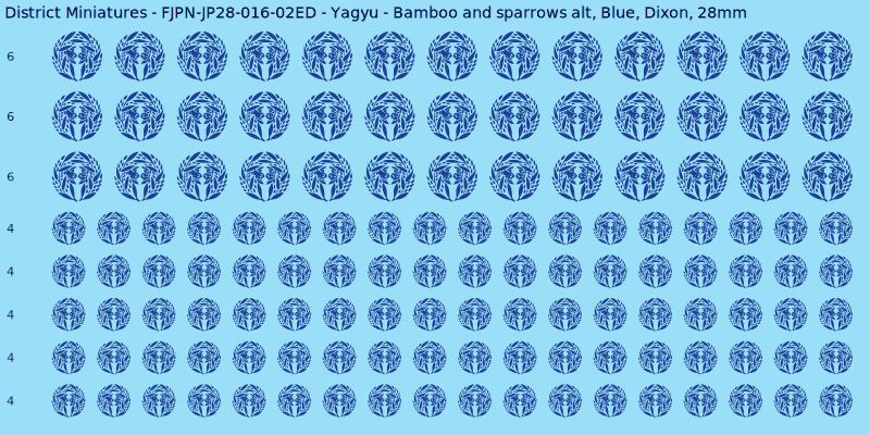 Yagyu clan mon, Blue waterslide decal sheet, Dixon banner sizes, 28mm