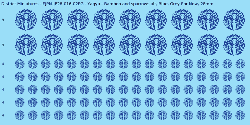 Yagyu clan mon, Blue waterslide decal sheet, Grey For Now banner sizes, 28mm